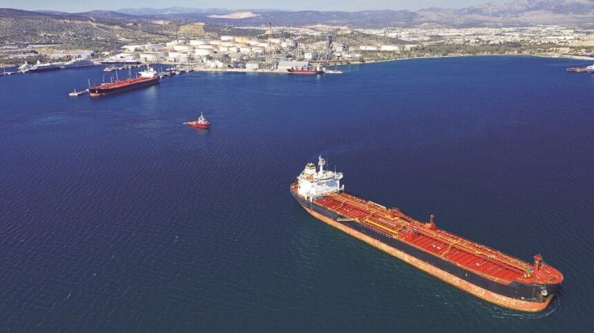 Aerial drone photo of huge crude oil and fuel tanker ship docked in industrial area of Elefsina, Attica, Greece